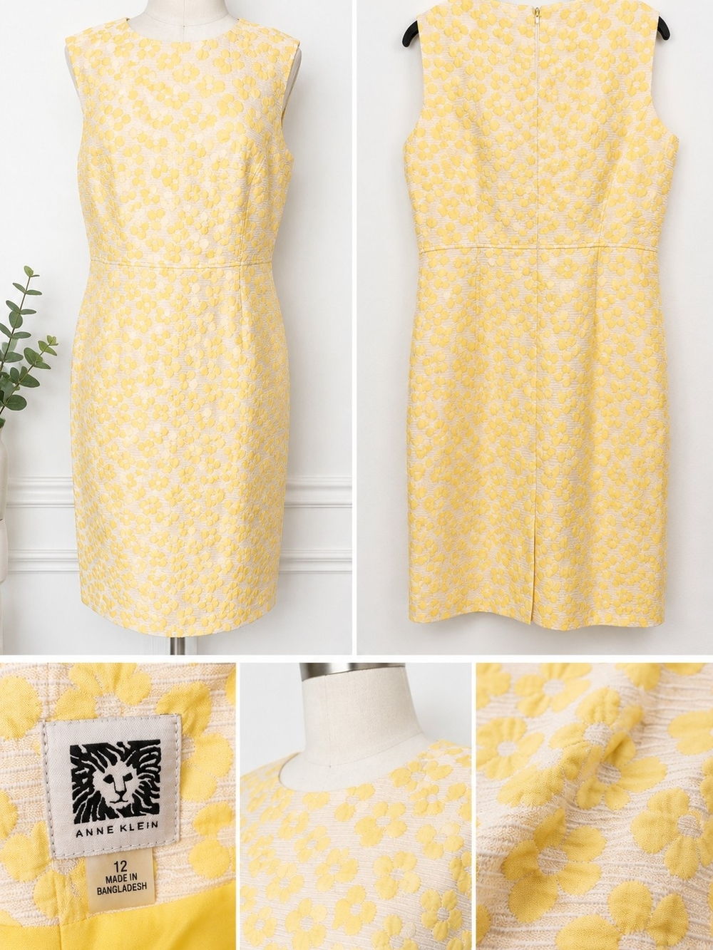 Anne Klein Yellow Floral Jacquard Midi Sheath Dress